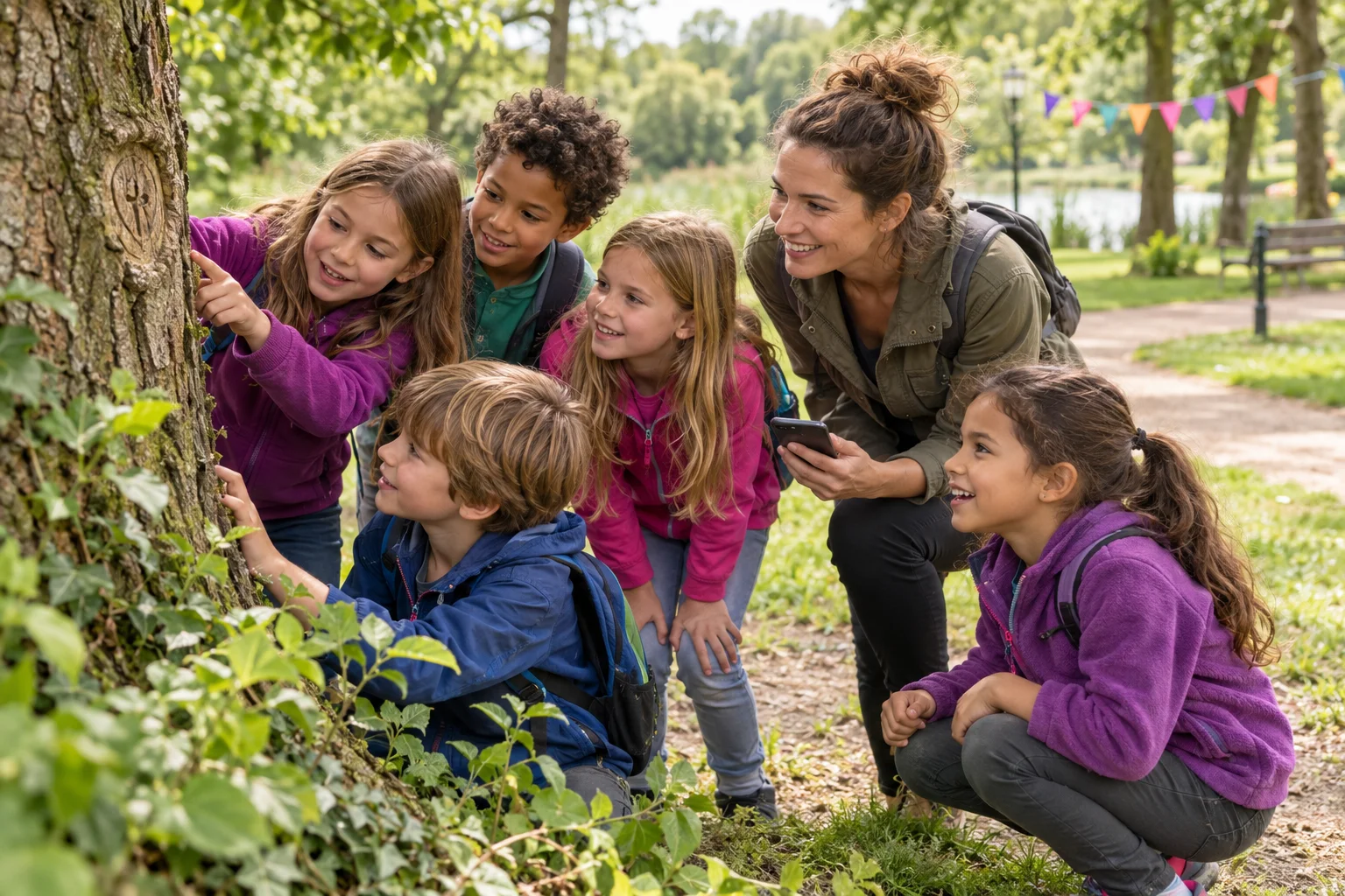 Illustration einer Kindergruppe, die draußen gemeinsam einen Hinweis entdeckt; eine Erwachsene hält das Smartphone.